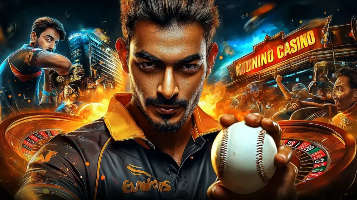 একজন তীব্র মনোভাবাপন্ন ক্রিকেট খেলোয়াড় ক্রিকেট বলটি হাতে নিয়ে একটি সমন্বিত ছবিতে, যেখানে একটি ক্রীড়া স্টেডিয়াম ও kkff গেমিং প্ল্যাটফর্ম-এর প্রাণবন্ত নিয়ন-আলোর পরিবেশ একত্রিত হয়েছে।