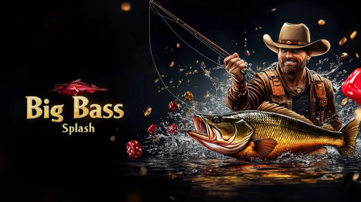 kkff-এ উপলব্ধ Big Bass Splash থিম-ভিত্তিক অ্যারকেড গেমটির প্রচারণায় কাউবয় হ্যাট পরা এক সুখী জেলে বড় একটি bass মাছ ধরেন।