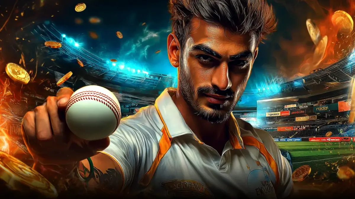 kkff-এ মনোযোগী ও তীব্র দৃষ্টির একজন পুরুষ ক্রিকেট খেলোয়াড় ভিড়ভর স্টেডিয়ামে ক্রিকেট বলকে উঁচু করে ধরে; kkff-এ ক্রিকেট-গেমিংয়ের উত্তেজনাপূর্ণ জগত প্রচারিত হচ্ছে। স্বর্ণমুদ্রা ও আগুন-প্রভাব নাটককে আরও ডرامাটে নিয়ে আসে।